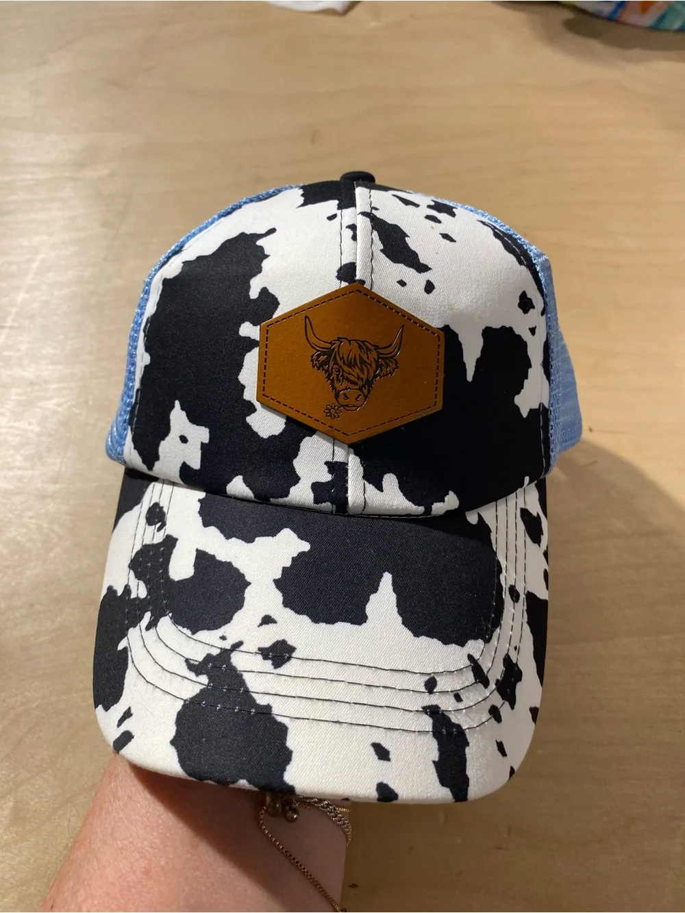 Cow Print Baseball Cap with Brown Patch - Blue/Black/White (SZ)